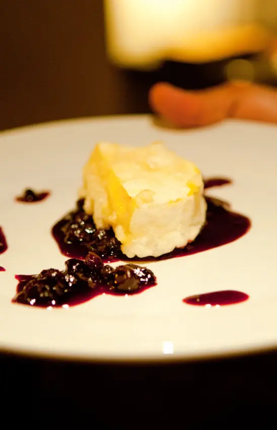 Plated dessert with vanilla ice cream and berry coulis in fine dining restaurant, Olive Grove Guesthouse, Windhoek, Namibia