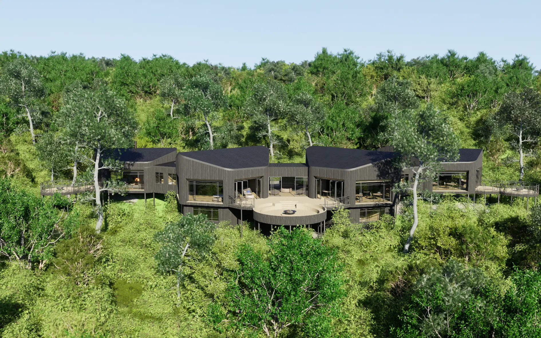Contemporary lodge with dark exterior nestled among dense woodland trees, Osonjoi Lodge, Ngorongoro Crater, Tanzania