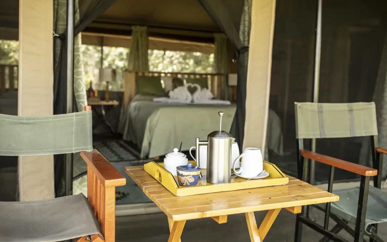 Outdoor veranda with tea service overlooking bedroom tent, Porini Lion Camp, Maasai Mara, Kenya