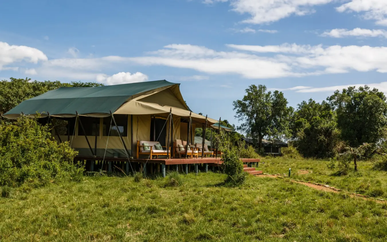 Luxury safari tent with wooden deck in acacia woodland savanna, Porini Lion Camp, Maasai Mara, Kenya