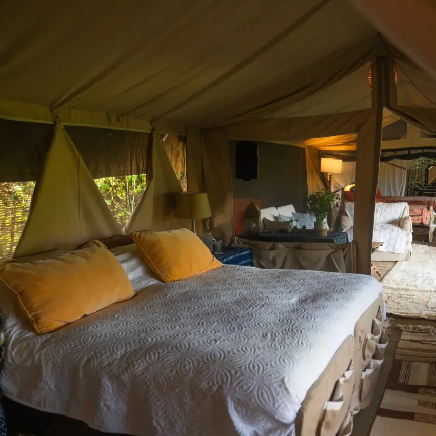 Luxury safari tent interior with king bed and canvas furnishings, Roca River Camp, Maasai Mara, Kenya
