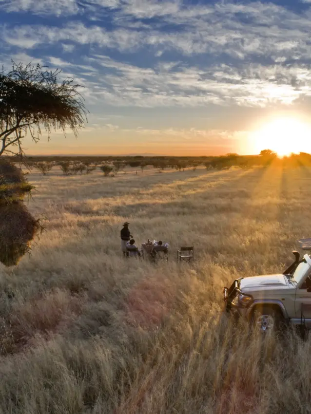 Solo traveler dining in savanna grassland at sunset with safari vehicle, Safarihoek Lodge, Etosha National Park, Namibia