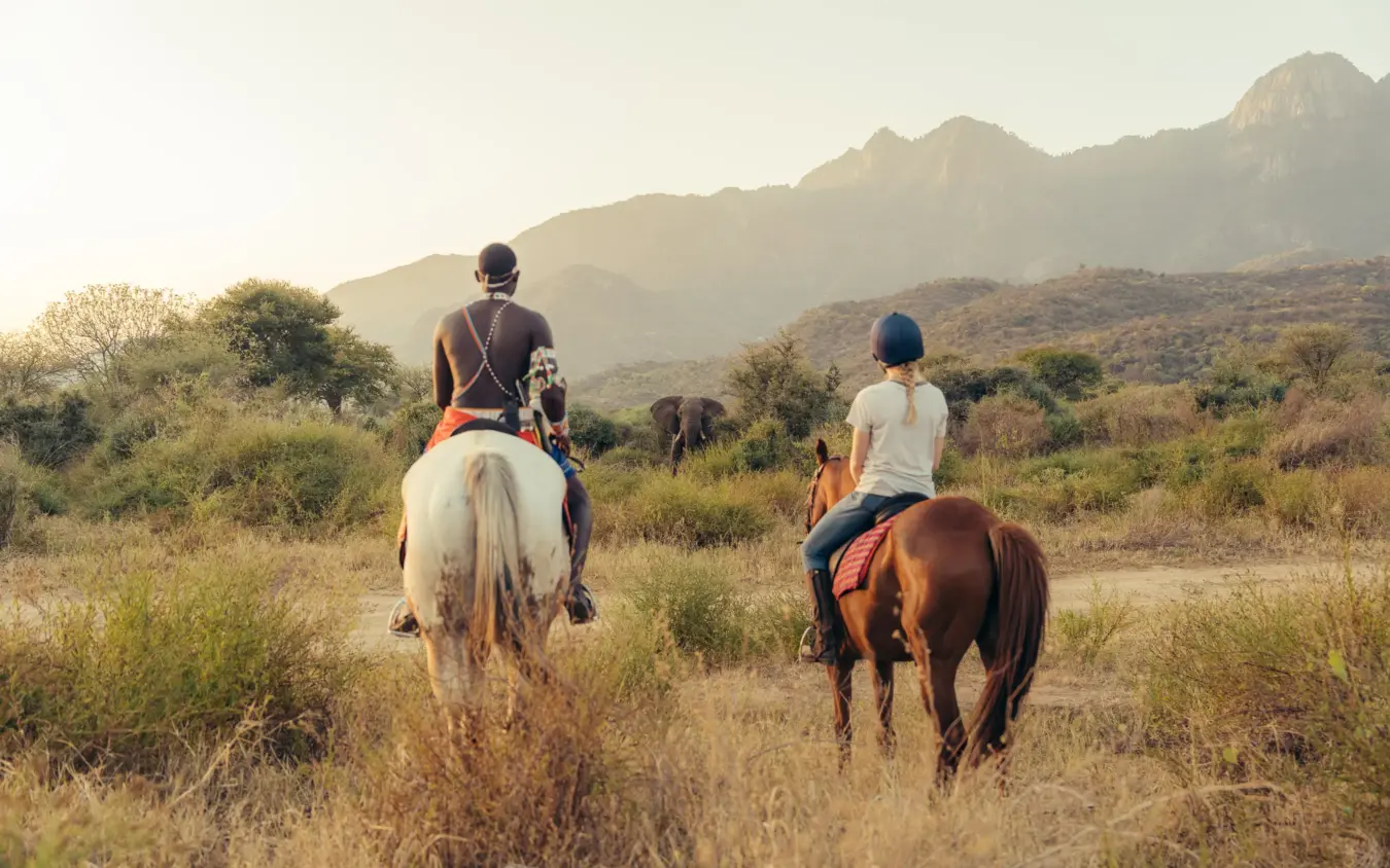 Horseback riders with elephant on savanna landscape at golden hour, Sarara Camp, Northern Kenya, Kenya