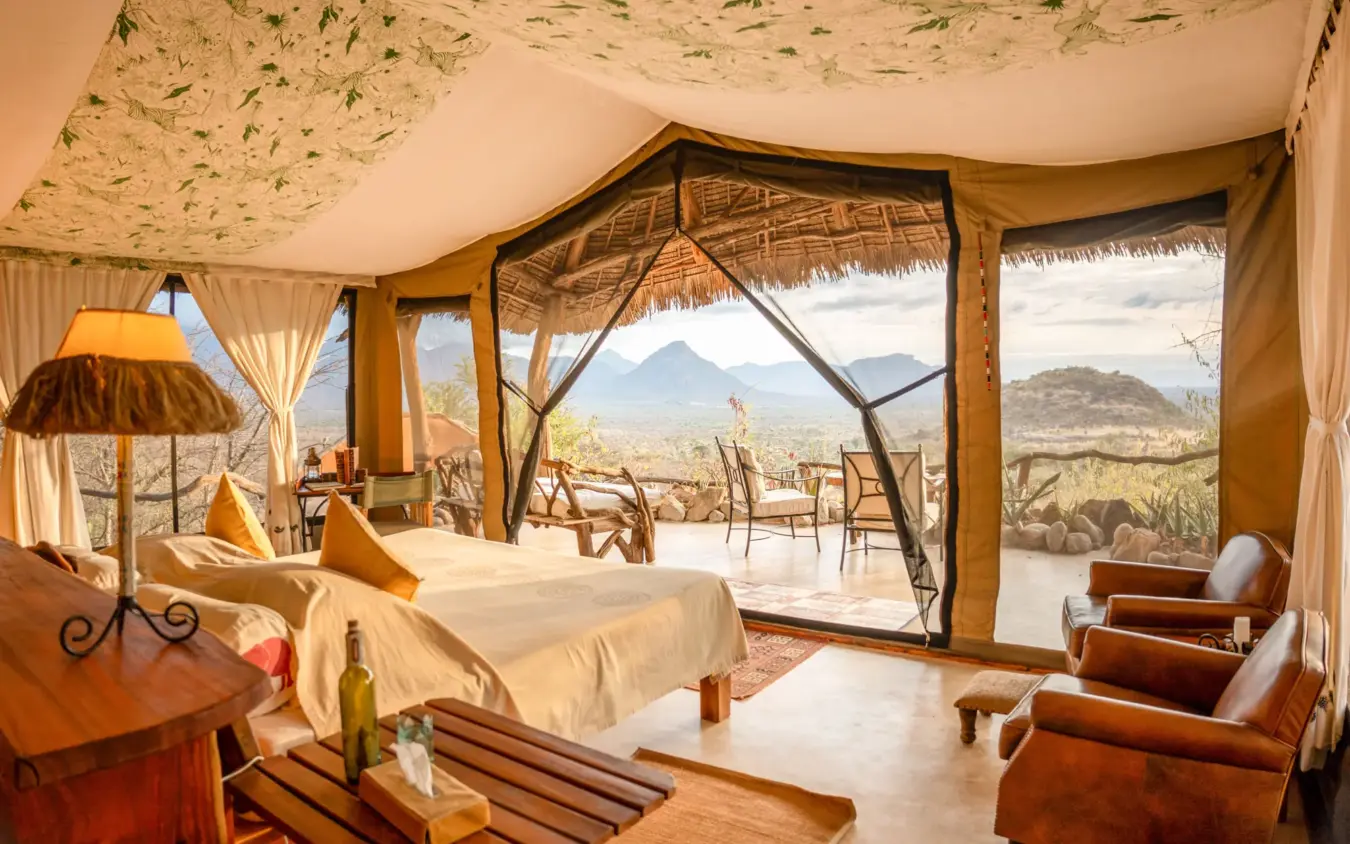 Luxury safari tent interior with volcano views across plains, Sarara Camp, Northern Kenya, Kenya