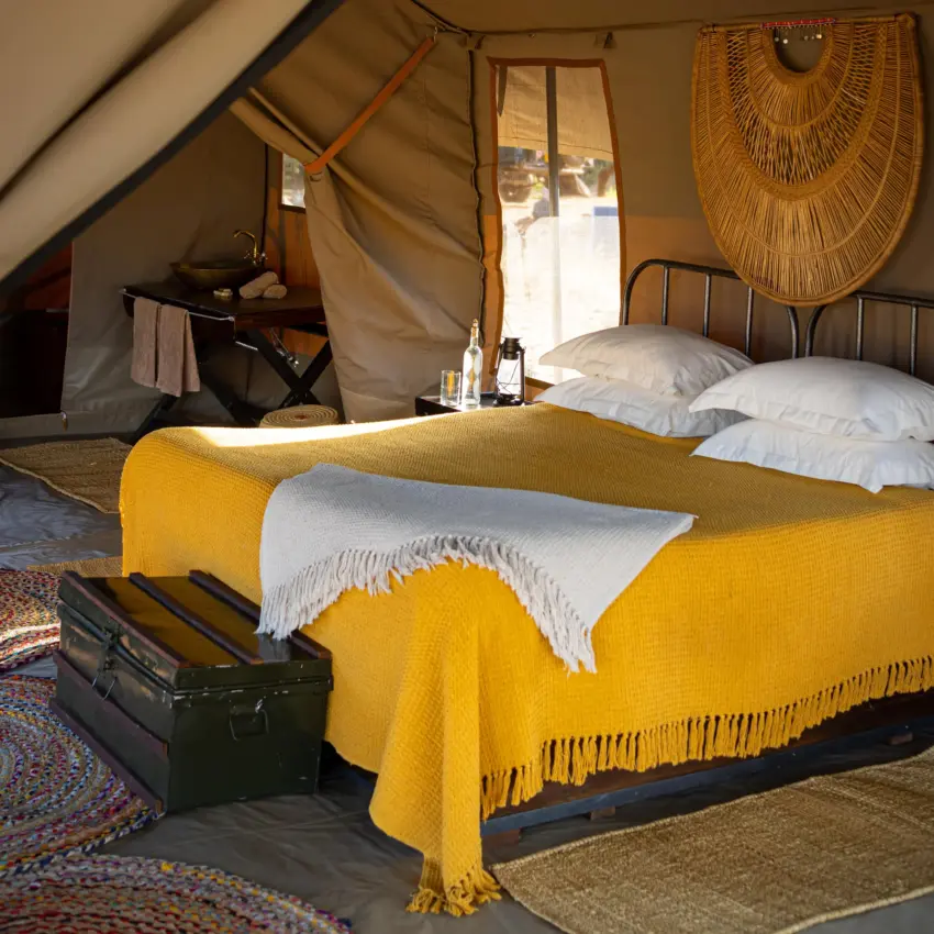 Canvas tent interior with beds and woven wall decoration, Sarara Wilderness, Northern Kenya, Kenya
