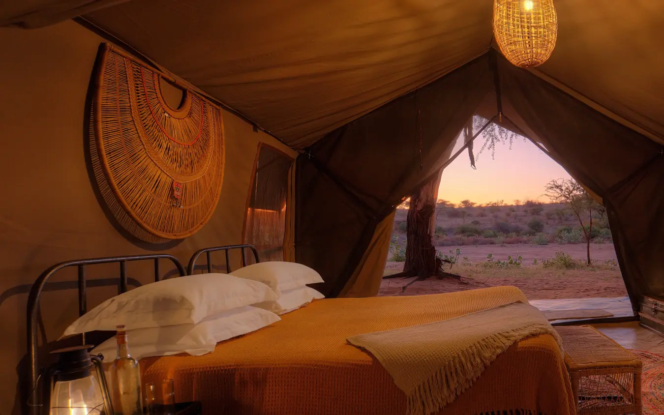 Canvas tent bedroom with savanna landscape at sunset, Sarara Wilderness, Northern Kenya, Kenya