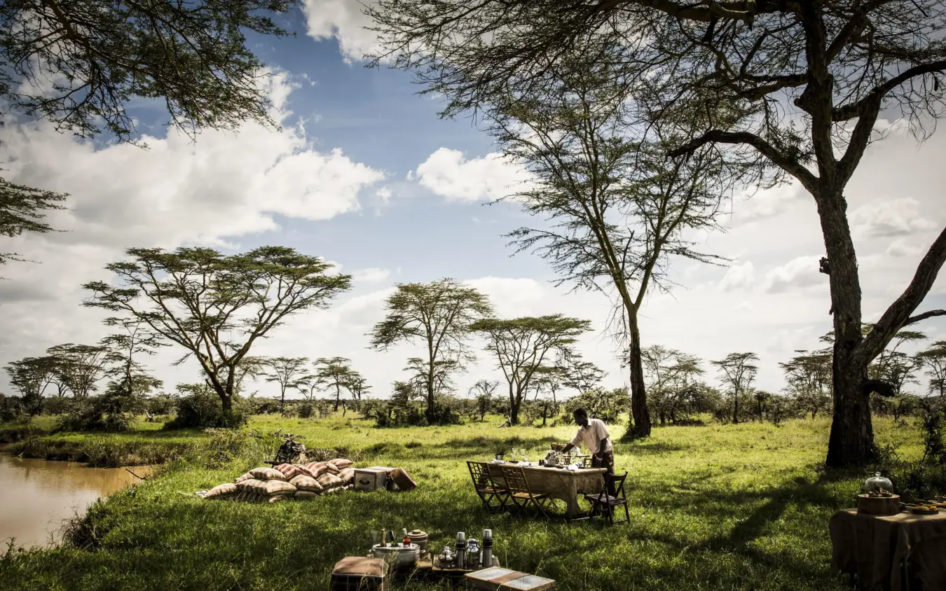 Outdoor dining setup in savanna landscape with acacia trees, Segera, Laikipia Highlands, Kenya