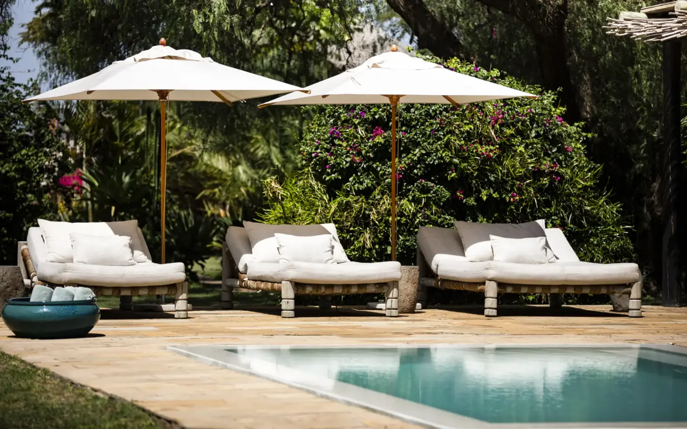Poolside loungers with umbrellas and hedged garden enclosure, Segera, Laikipia Highlands, Kenya