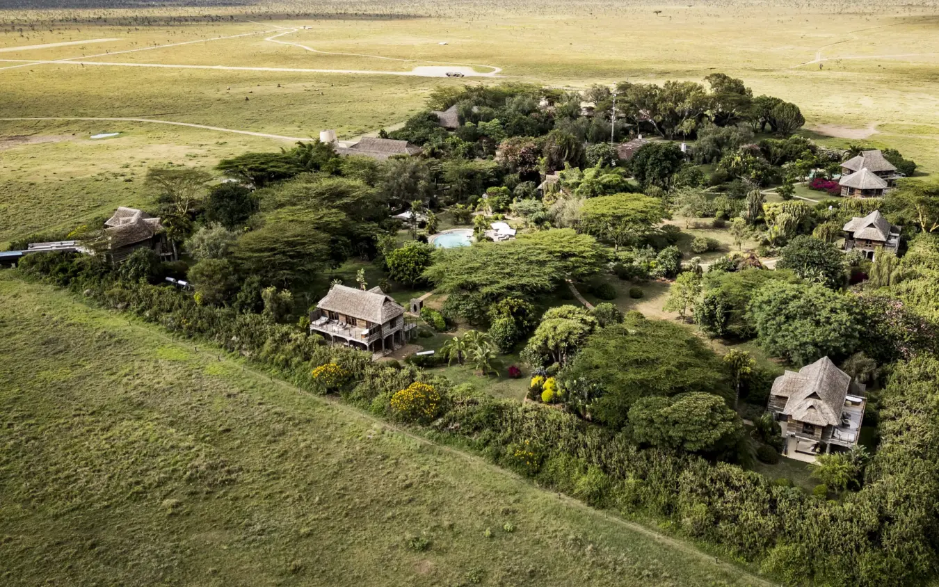 Aerial view of luxury lodge nestled among acacia trees in expansive grassland, Segera, Laikipia Highlands, Kenya