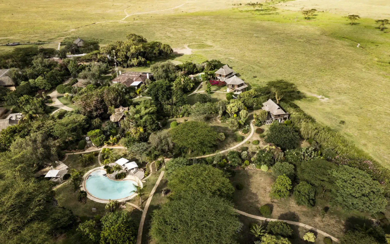 Aerial view of luxury lodge with pool nestled among trees and grassland, Segera, Laikipia Highlands, Kenya