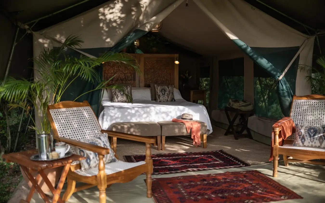 Luxury safari tent interior with wooden furniture and patterned rugs, Seringet Mara Camp, Maasai Mara, Kenya