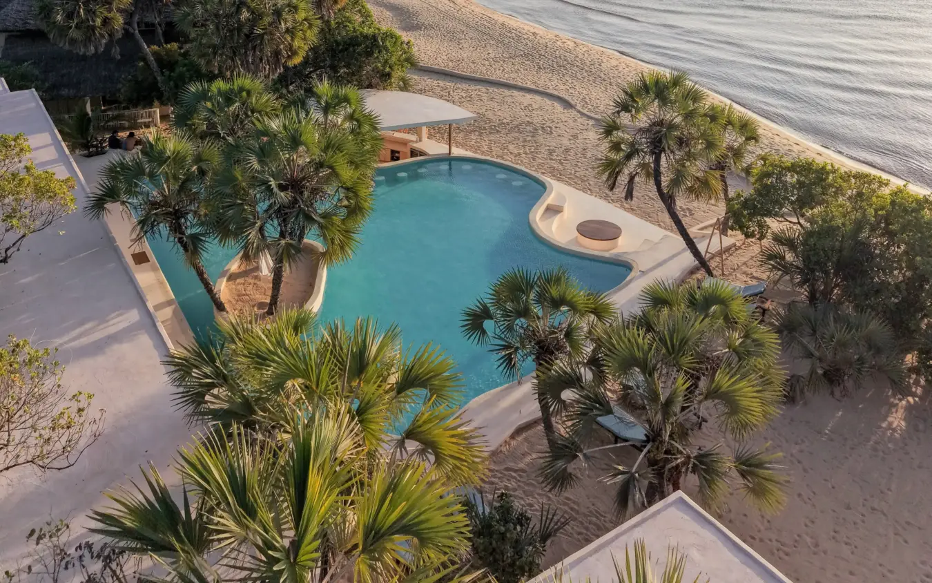 Beachfront swimming pool with palm trees and ocean view from above, The Cabanas, Lamu Archipelago, Kenya